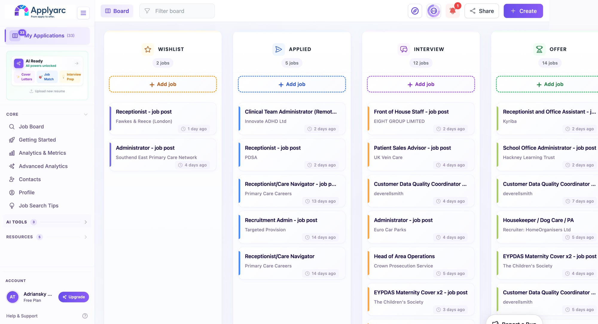 ApplyArc dashboard showing job applications on a Kanban board with Wishlist, Applied, Interview, and Offer columns